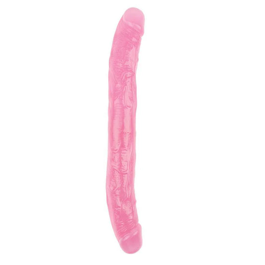 Dildo doble con textura venosa, color rosa, de 32.5 cm, diseñado para uso compartido o doble estimulación.