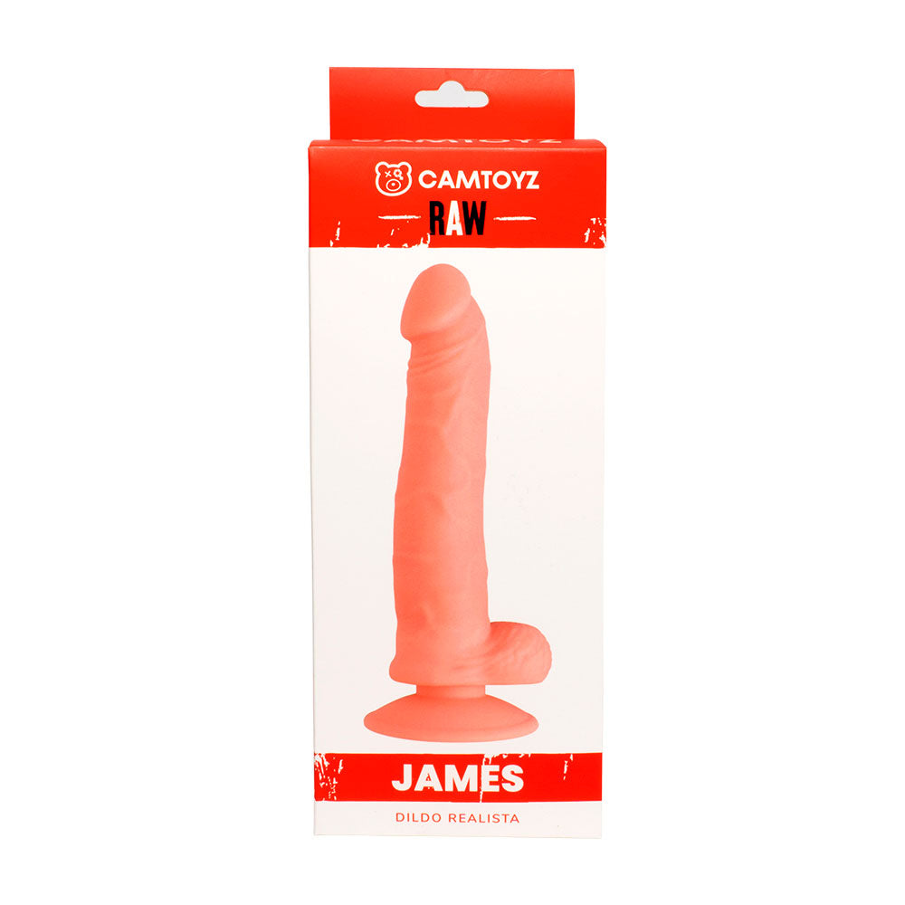 Frente del empaque del Dildo Realista James con imagen del juguete y logo de la marca Camtoyz.