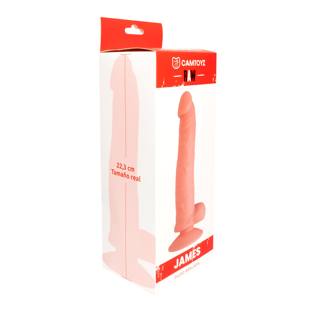 Empaque del Dildo Realista James con gráfico de tamaño real de 22,3 cm.