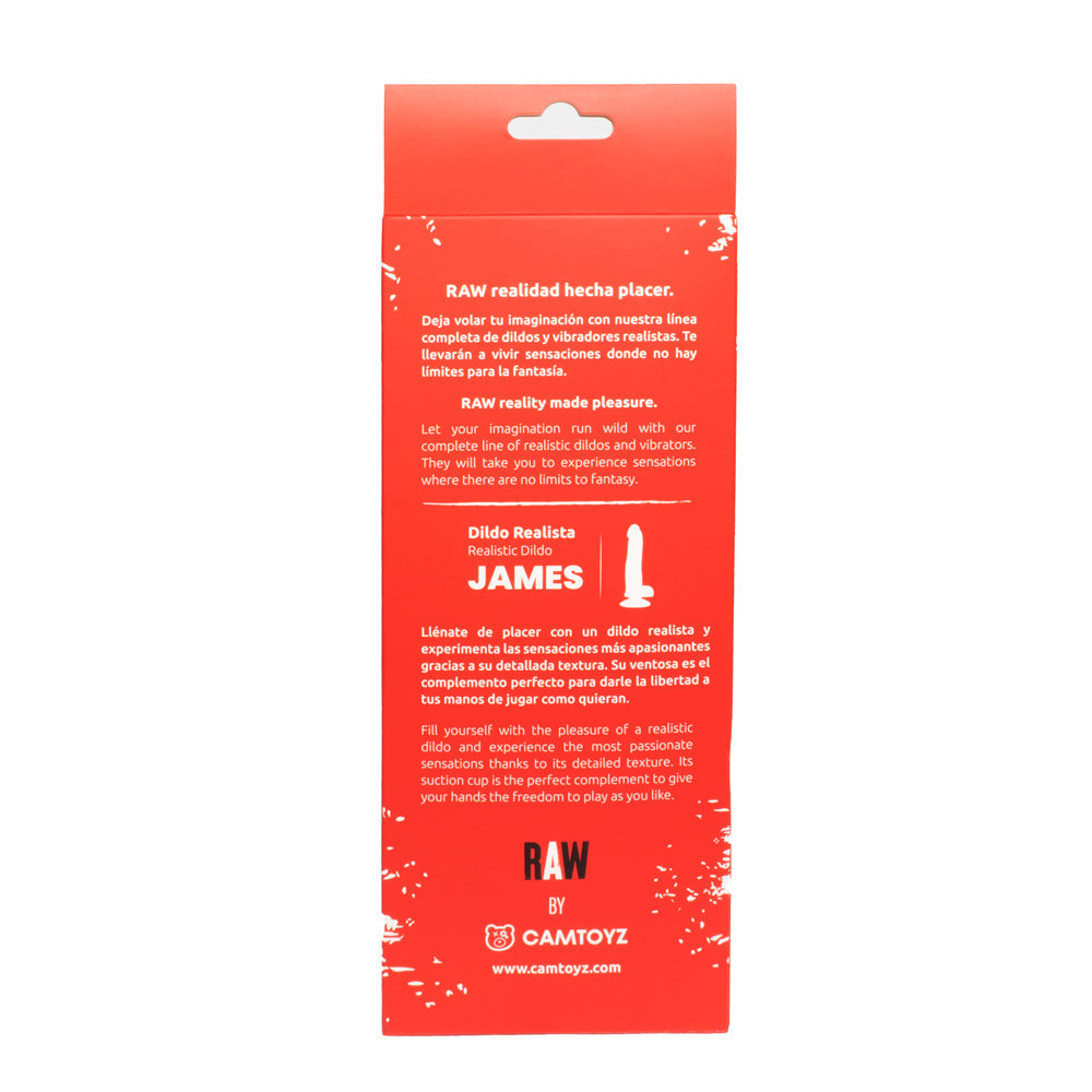 Parte posterior del empaque del Dildo James con descripción de uso y mensaje de marca.