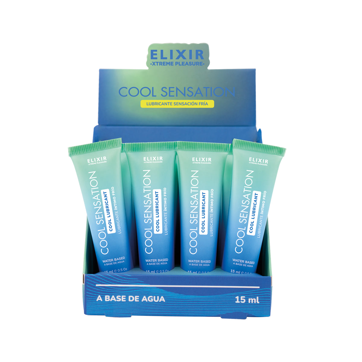 Display de presentación con varios lubricantes Elixir Cool Sensation de 15 ml listos para la venta.