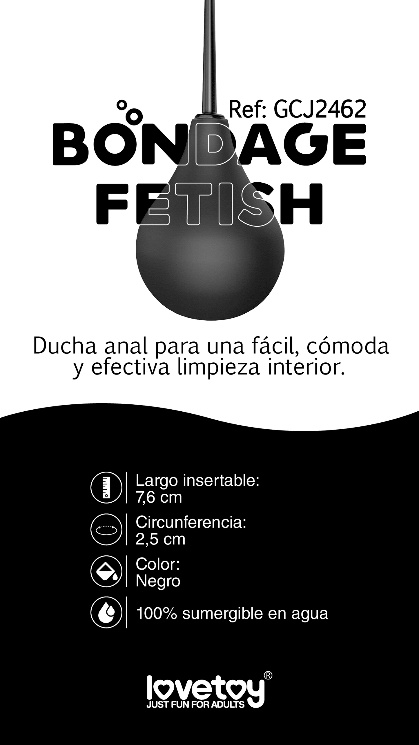 Ducha anal negra Lovetoy Bondage Fetish con especificaciones visibles como largo insertable de 7,6 cm y 100% sumergible.