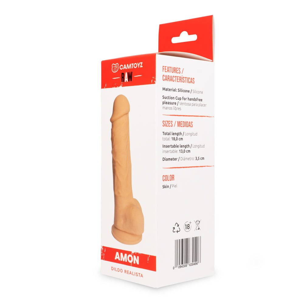Vista lateral del empaque del dildo Amon con detalles de medidas, material de silicona y ventosa de sujeción.