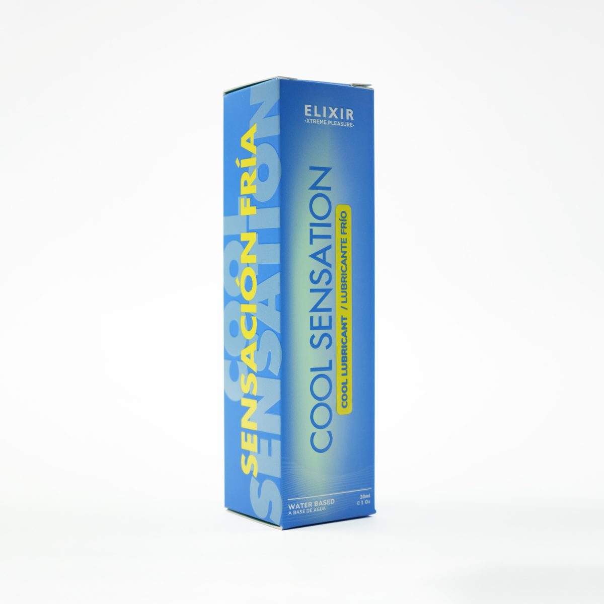 Caja completa del lubricante Elixir Cool Sensation mostrando nombre, presentación y efecto refrescante.