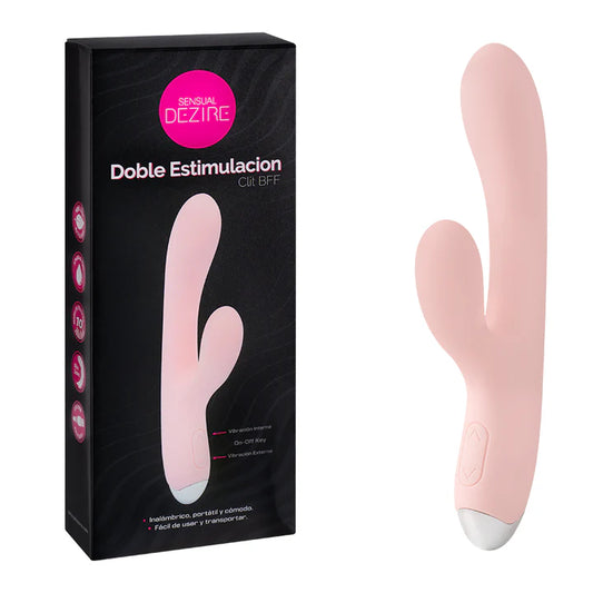 Empaque del vibrador Clit BFF junto al producto, diseño discreto y elegante en tonos rosa y negro.