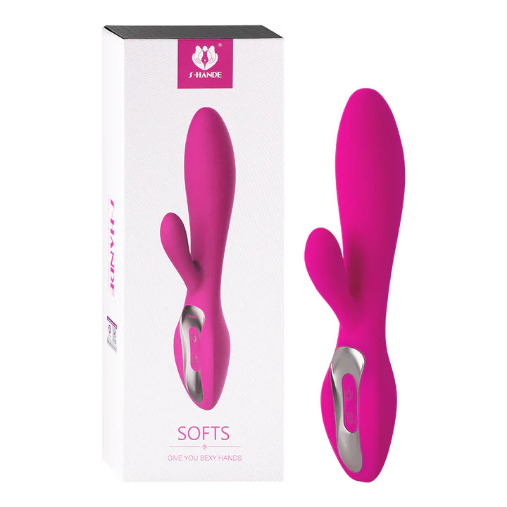 Empaque del vibrador Softs junto al producto, ideal para regalo íntimo y discreto.