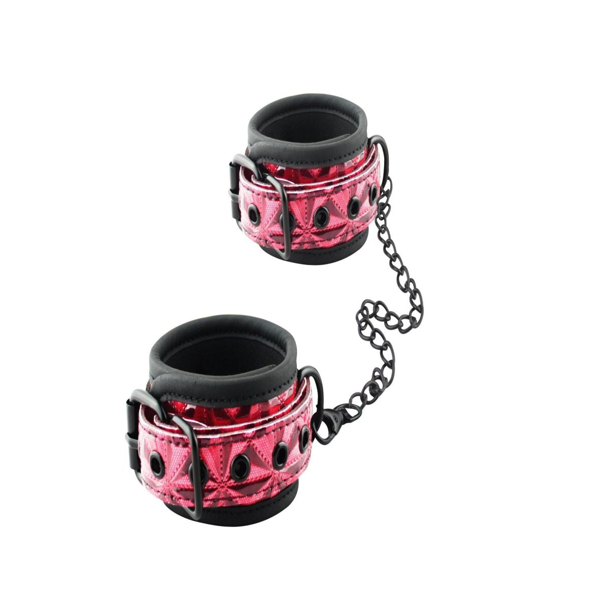 Esposas fetiche de muñeca color rojo con textura brillante y cadena de unión negra, ideal para juegos de control en pareja.