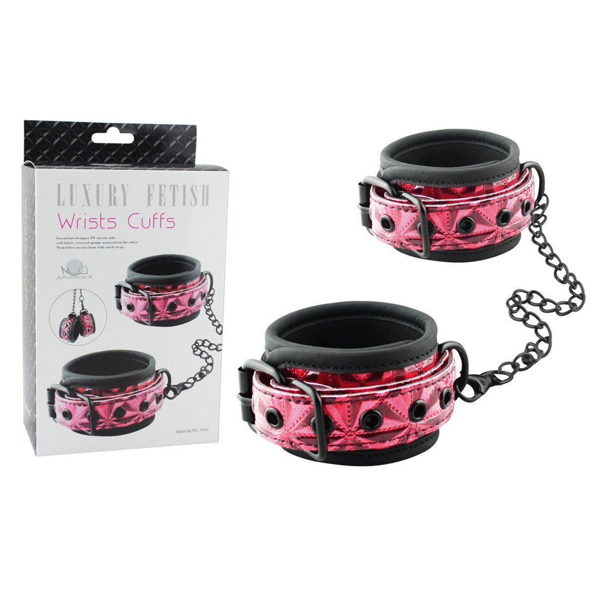 Esposas de muñeca estilo fetiche en color rojo con diseño acolchado y cadena negra, junto al empaque del producto.
