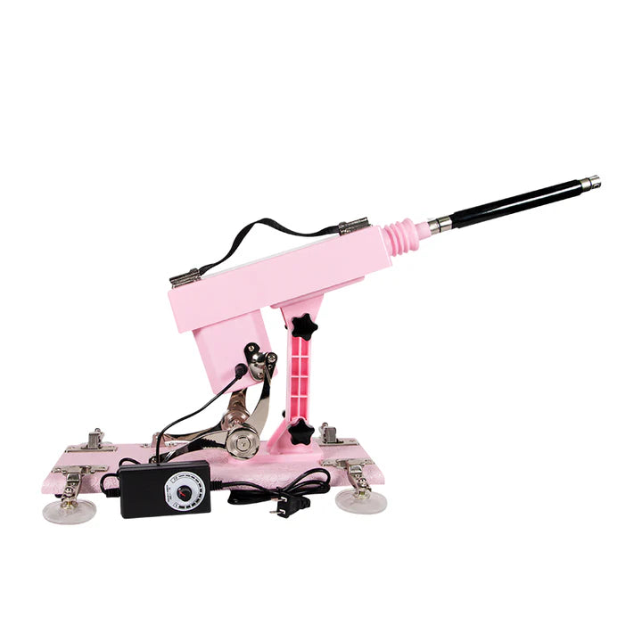 Máquina sexual Rosepunk sin el dildo instalado, mostrando su estructura metálica rosada.