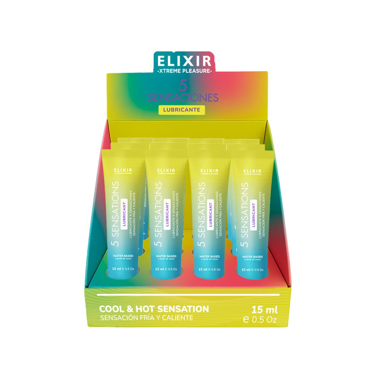 Exhibidor con 12 unidades del lubricante íntimo Elixir 5 Sensaciones 15ml, ideal para puntos de venta.