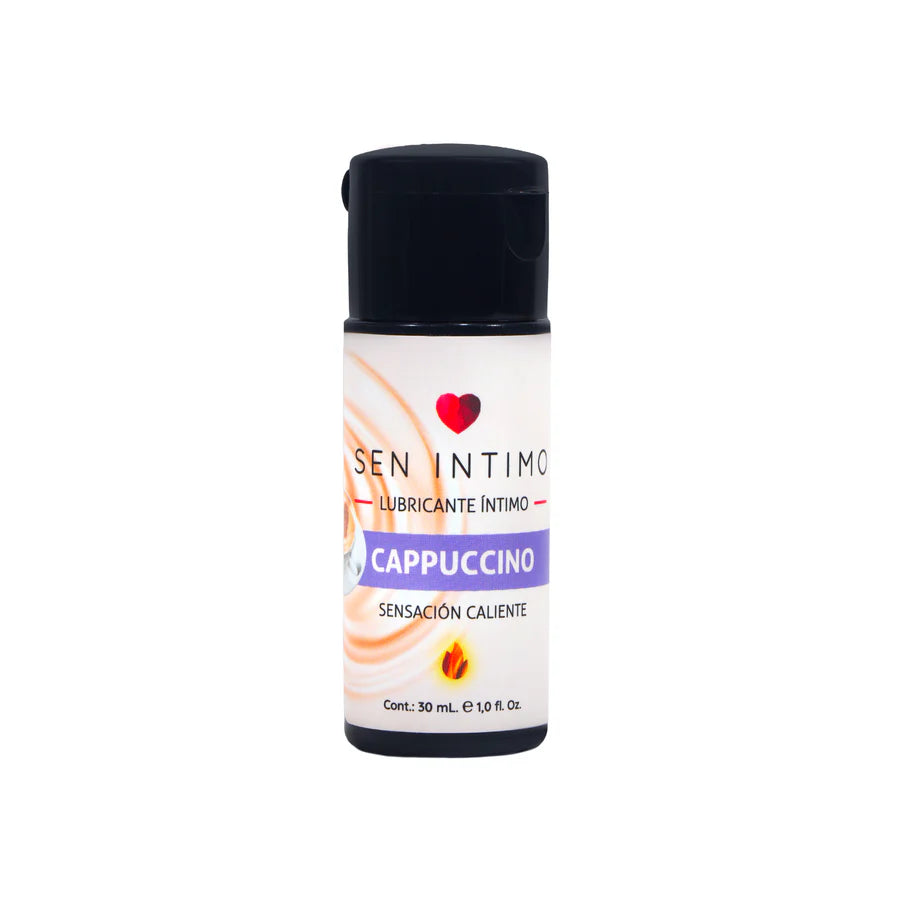 Frasco de lubricante íntimo Cappuccino Sen Íntimo 30 ml con sensación caliente sobre fondo blanco.