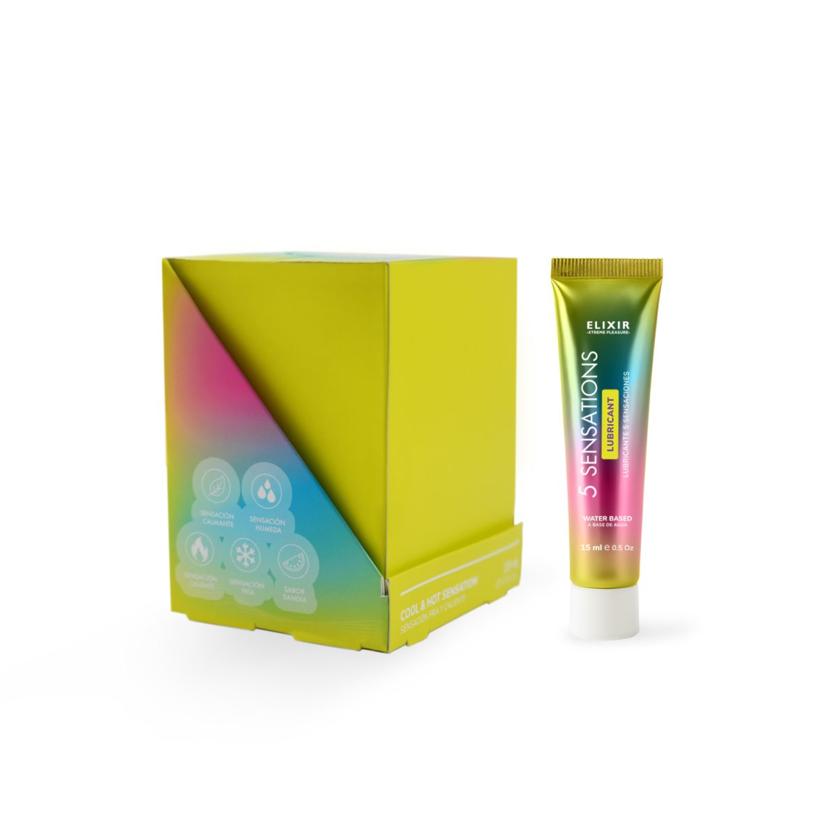 Caja y tubo del lubricante 5 Sensaciones Elixir 15ml con efectos fríos, calientes, calmantes y sabor.