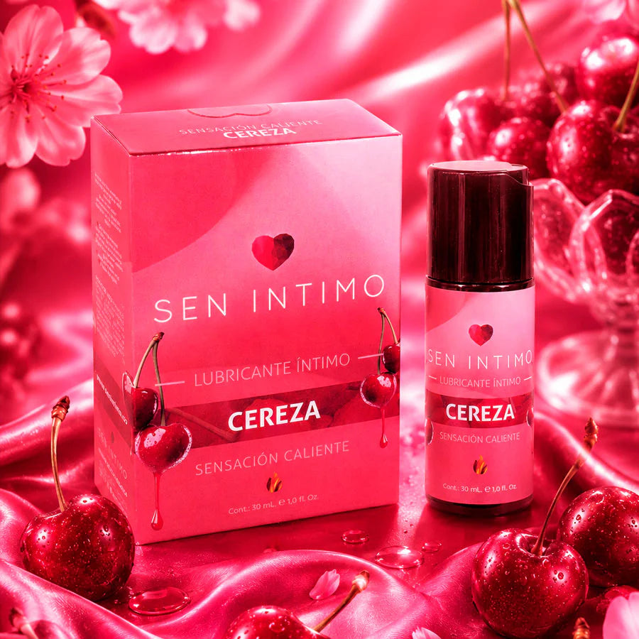 Caja y frasco del Lubricante Íntimo Cereza Sen Íntimo 30 ml con sensación caliente.