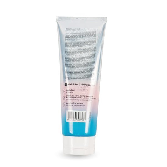 Vista posterior del Lubricante Cum Elixir Piel Sensible de 250 ml, mostrando ingredientes, instrucciones y precauciones.