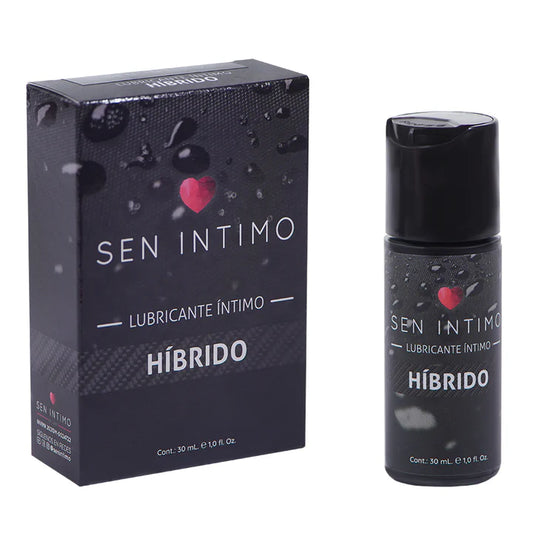 Lubricante íntimo híbrido Sen Íntimo de 30 ml con caja negra elegante, presentación compacta ideal para viajes o uso personal.