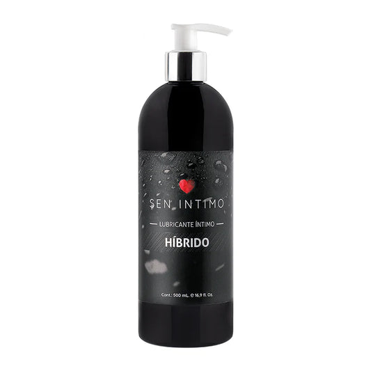 Botella de 500 ml de lubricante íntimo híbrido Sen Íntimo, con diseño elegante en color negro y dosificador superior.