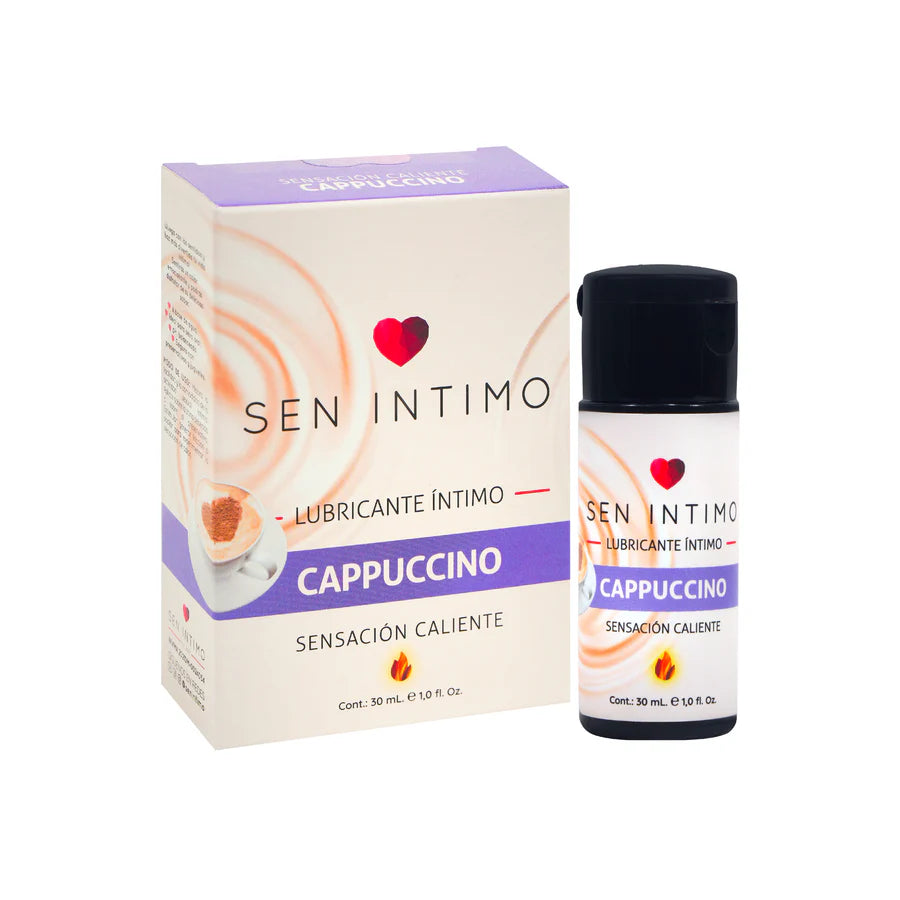 Caja y frasco del lubricante íntimo Cappuccino Sen Íntimo 30 ml con información sobre su efecto caliente, sabor y compatibilidad.