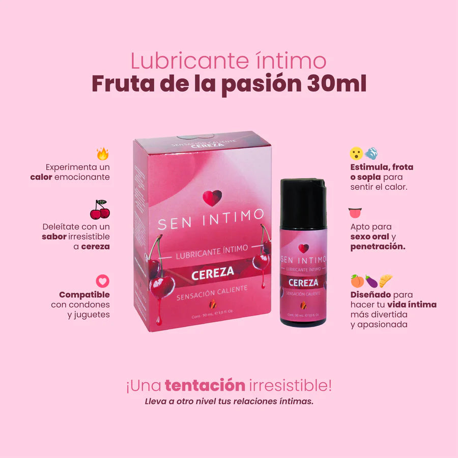 Infografía del Lubricante Íntimo Cereza Caliente Sen Íntimo 30 ml con beneficios, usos y compatibilidad.
