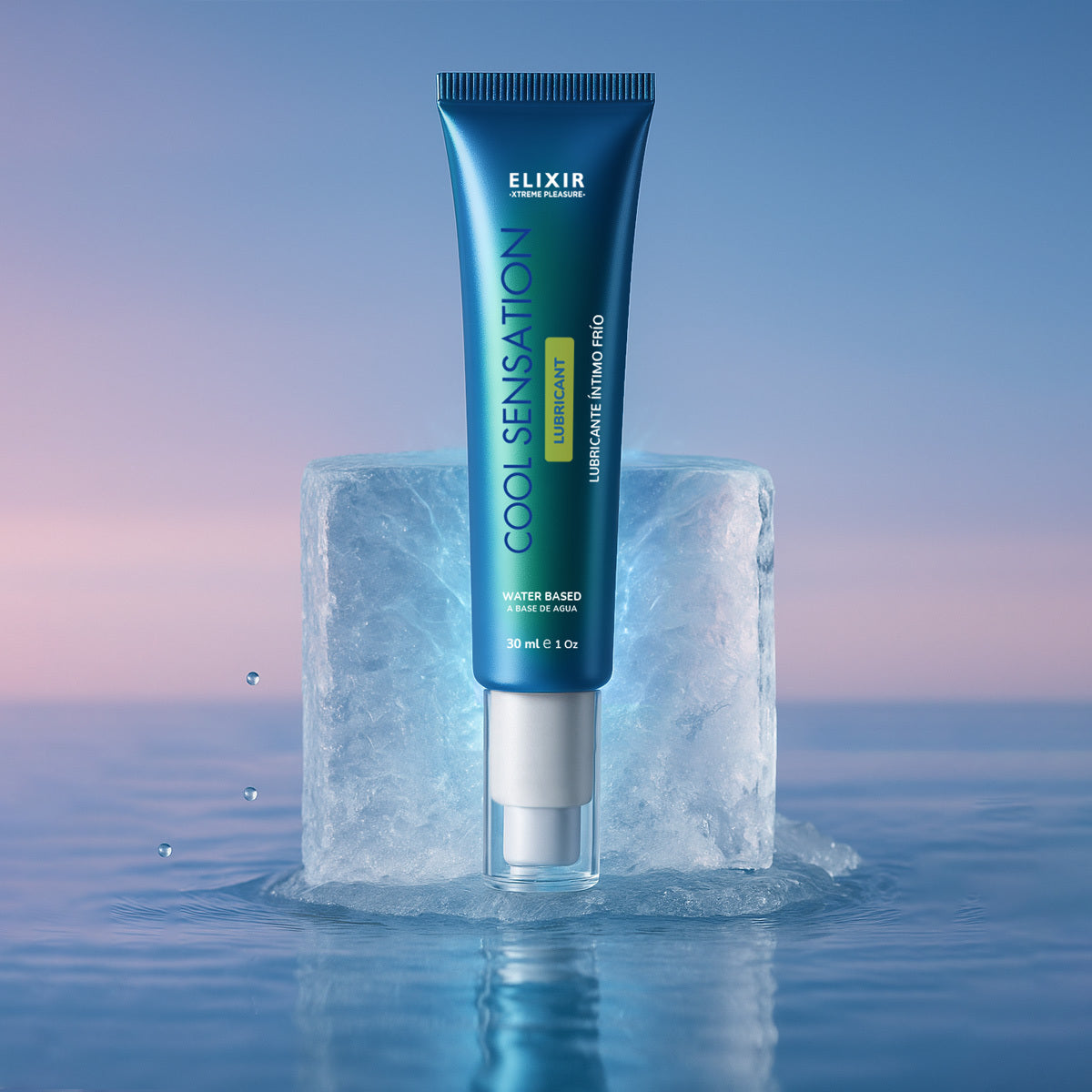 Lubricante íntimo Elixir Cool Sensation con efecto frío sobre un bloque de hielo, ideal para experiencias íntimas refrescantes.