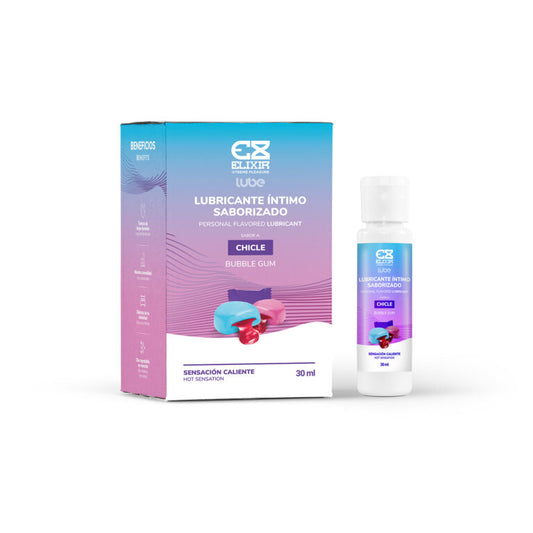 Lubricante íntimo saborizado Elixir chicle con sensación caliente en presentación de 30 ml, ideal para juegos eróticos y placer en pareja.