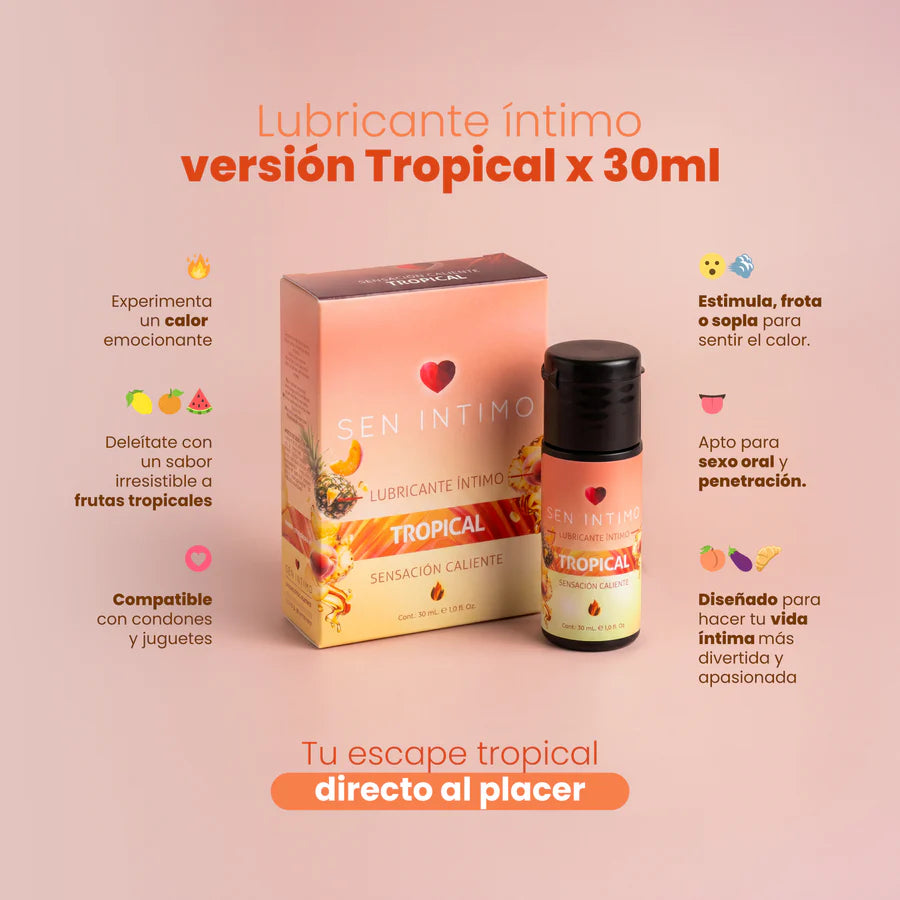 Infografía del Lubricante Íntimo Tropical Caliente Sen Íntimo 30 ml con beneficios, sabor tropical y compatibilidad.