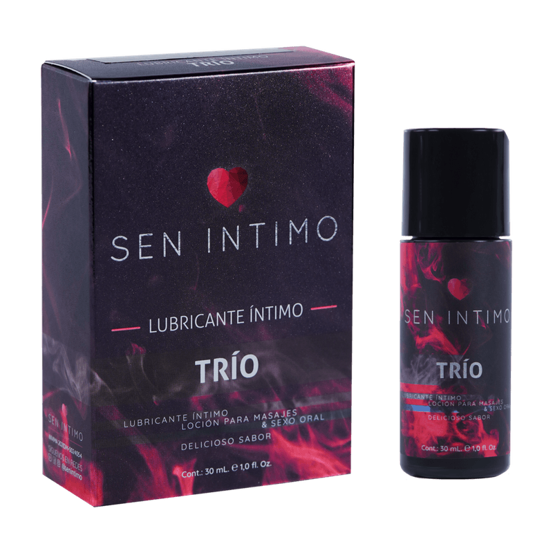 Imagen promocional del Lubricante Íntimo Trío de la marca Sen Íntimo. Muestra el empaque y el frasco del producto con un diseño elegante en tonos oscuros y detalles en rojo. Se destacan sus tres usos principales: masajes, sexo oral y lubricación. También se resaltan sus beneficios como ser no grasoso, no manchar y no dejar residuos.