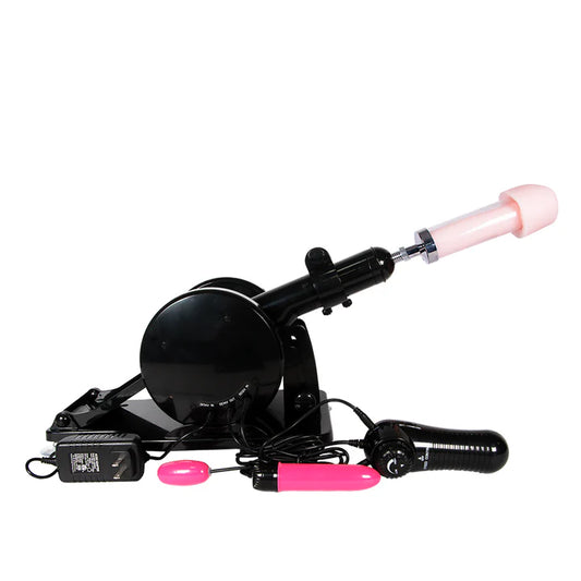 Máquina sexual Anderton con accesorios conectados, incluyendo dildo, vagina masturbadora, bala y huevo vibrador.
