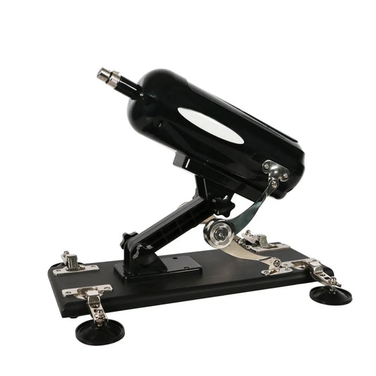 Máquina sexual con base metálica y motor ajustable, equipada con ventosas para mayor estabilidad.