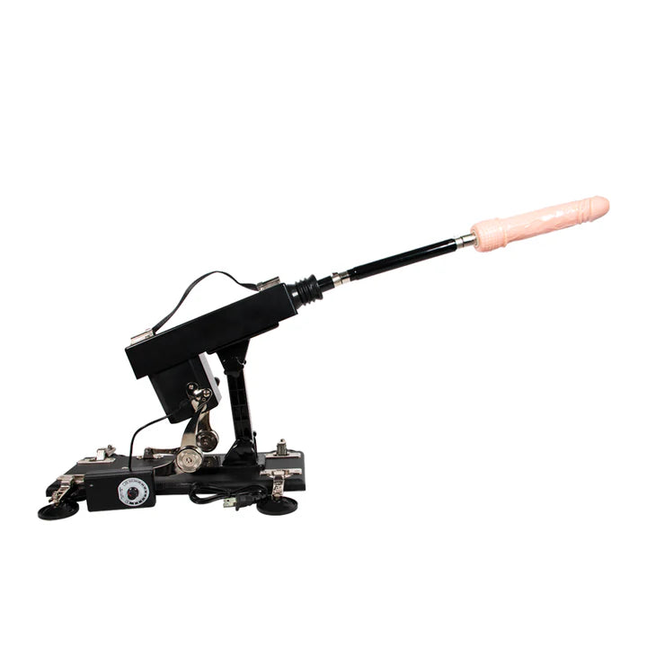 Máquina sexual Marving color negro con dildo realista de silicona, control de velocidad y ventosas para estabilidad.