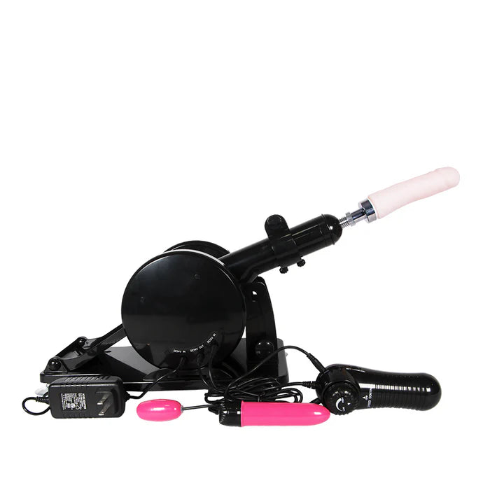 Máquina sexual con estructura negra y dildo realista instalado, ideal para penetraciones automáticas.