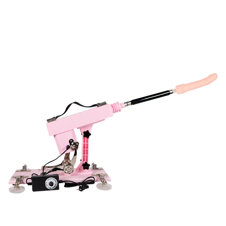 Máquina sexual Rosepunk en color rosado con dildo realista instalado, lista para usar.