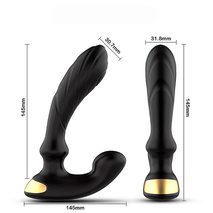 Masajeador prostático de 14.5 cm de largo y 3.2 cm de ancho, diseño curvo para estimulación precisa del punto P.