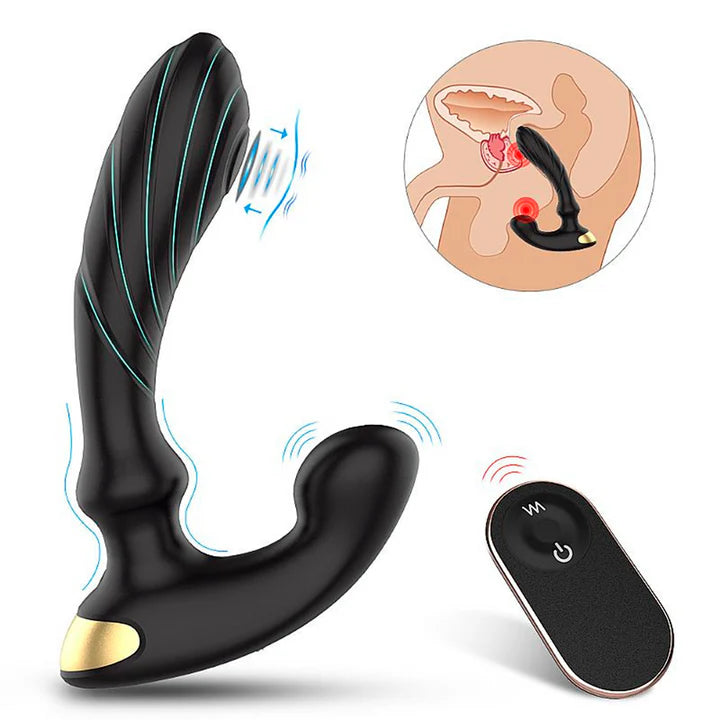 Ilustración de estimulación del punto P con masajeador prostático curvo, vibración en punta y base ergonómica.