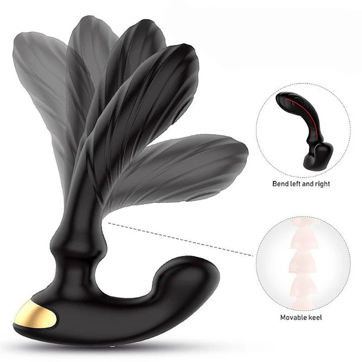 Masajeador prostático flexible con eje ajustable izquierda y derecha, diseño ergonómico en silicona médica suave al tacto.