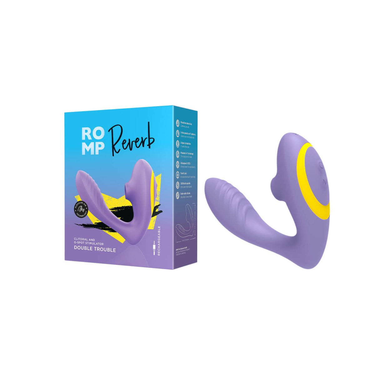 Succionador y vibrador Romp Reverb en color lila junto a su caja de presentación, ideal para estimulación dual del clítoris y punto G
