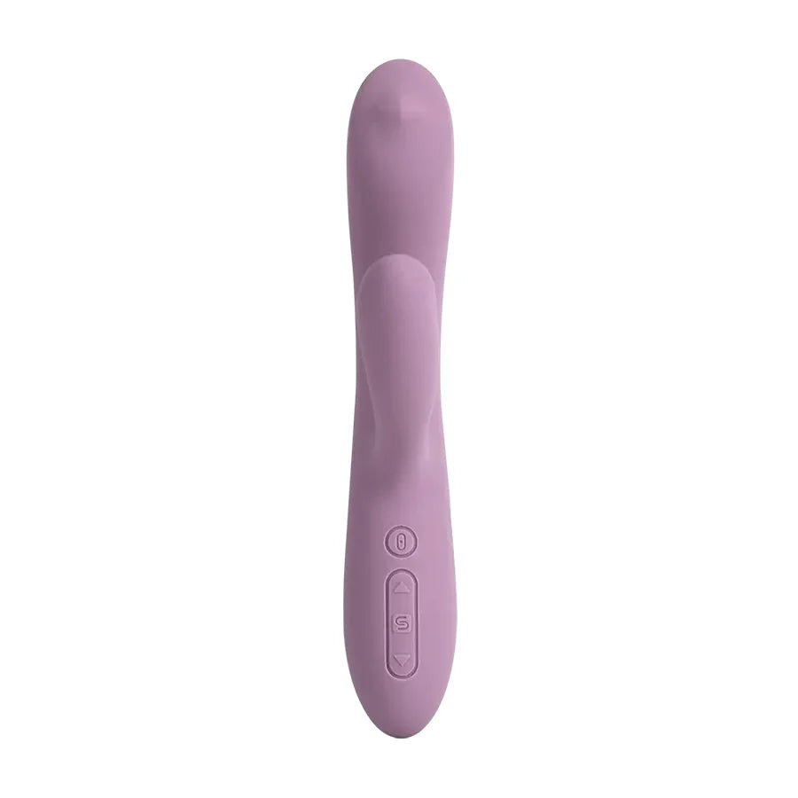 Vista posterior del vibrador Trysta NEO lila con botones de control y diseño de doble estimulación íntima femenina.