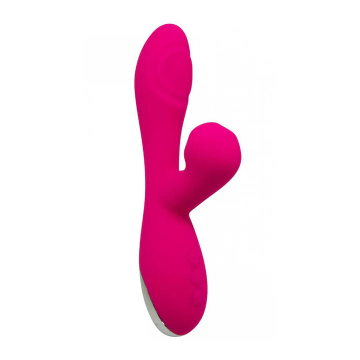 Vista lateral del vibrador doble estimulación Caribbean Shine fucsia con brazo estimulador de clítoris
