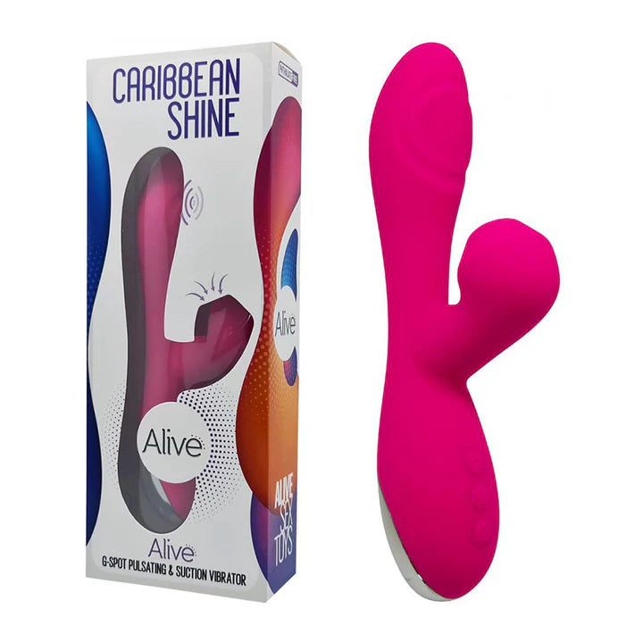 Vibrador doble estimulación Caribbean Shine fucsia junto a su caja original