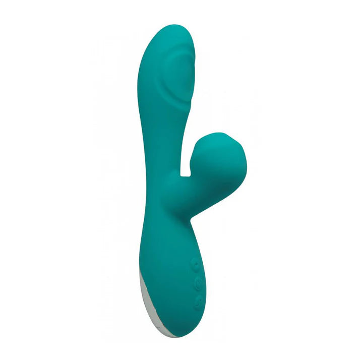 Vibrador doble azul Caribbean Shine con diseño ergonómico para estimulación vaginal y succión clitorial