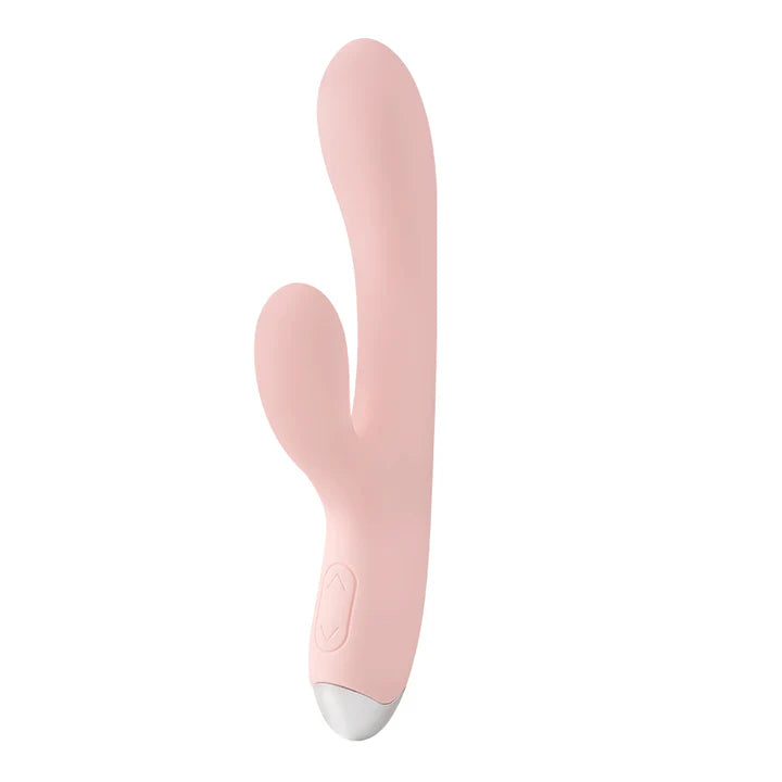 Vibrador doble estimulación Clit BFF en vista lateral, color rosado, con diseño ergonómico para estimular punto G y clítoris.