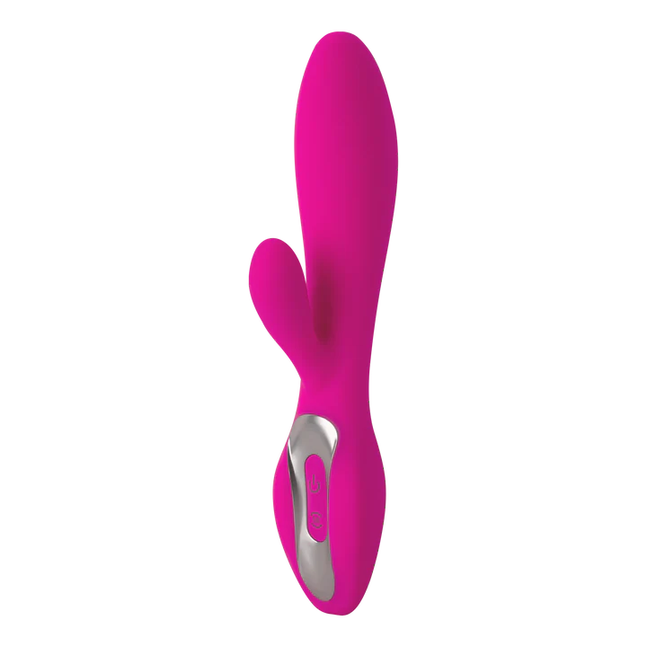Vista frontal del vibrador doble estimulación Softs en color fucsia, mostrando su diseño ergonómico y botones de control.