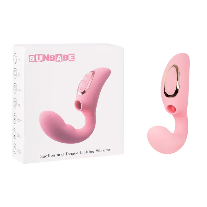 Empaque del vibrador doble estimulación Sunbabe junto al producto, resaltando su diseño y presentación