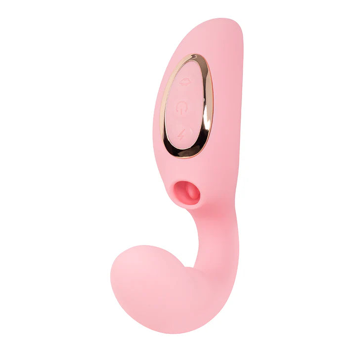 Vibrador doble estimulación Sunbabe con diseño curvado para punto G y succión clitorial