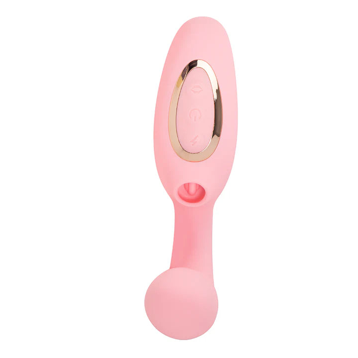 Vibrador doble estimulación Sunbabe en color rosado, vista frontal mostrando sus botones y boquilla de succión