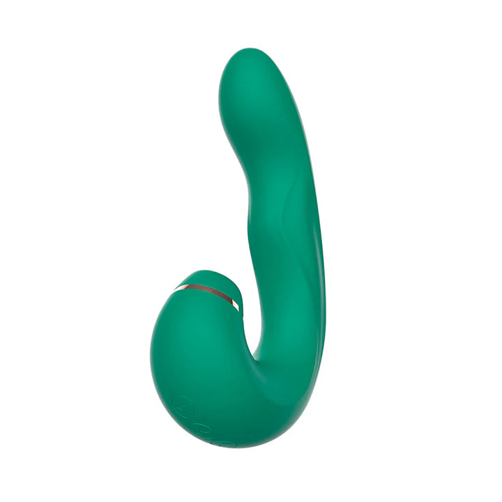Vista trasera del vibrador doble Siren Green con forma ergonómica en silicona verde
