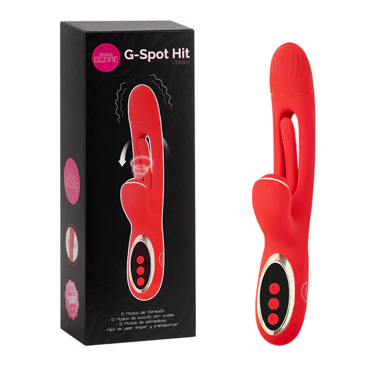 : Vibrador G-Spot Hit junto a su empaque original negro con detalles del producto y funciones visibles.