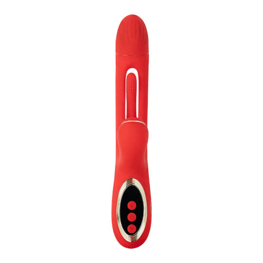 Vista frontal del Vibrador G-Spot Hit en color rojo, mostrando su diseño ergonómico, cabezal texturizado y panel de control con botones.