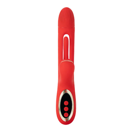 Vista frontal del Vibrador G-Spot Hit en color rojo, mostrando su diseño ergonómico, cabezal texturizado y panel de control con botones.