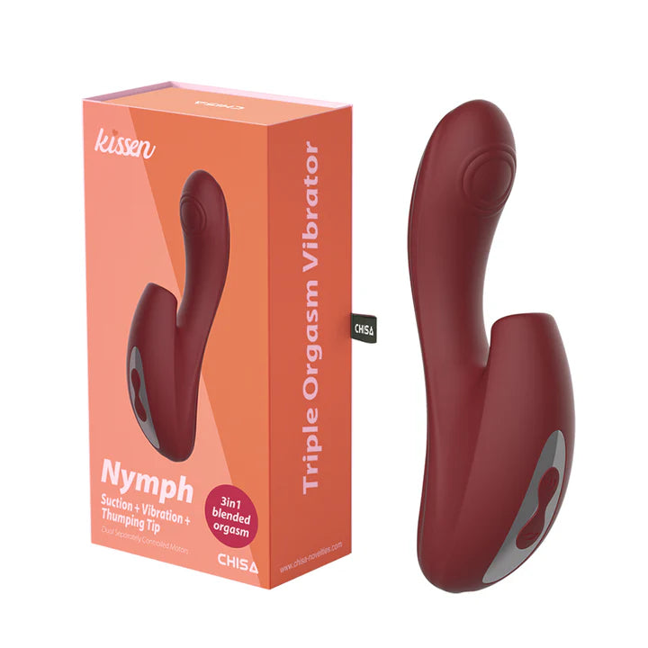 Vibrador Nymph junto a su empaque original de la marca CHISA, que resalta sus funciones de succión, vibración y tapping