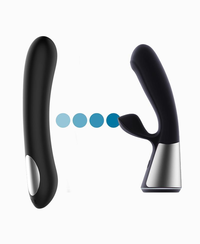 Vista lateral del Vibrador Pearl 2 by Kiiroo en color negro, junto a otro juguete interactivo compatible.